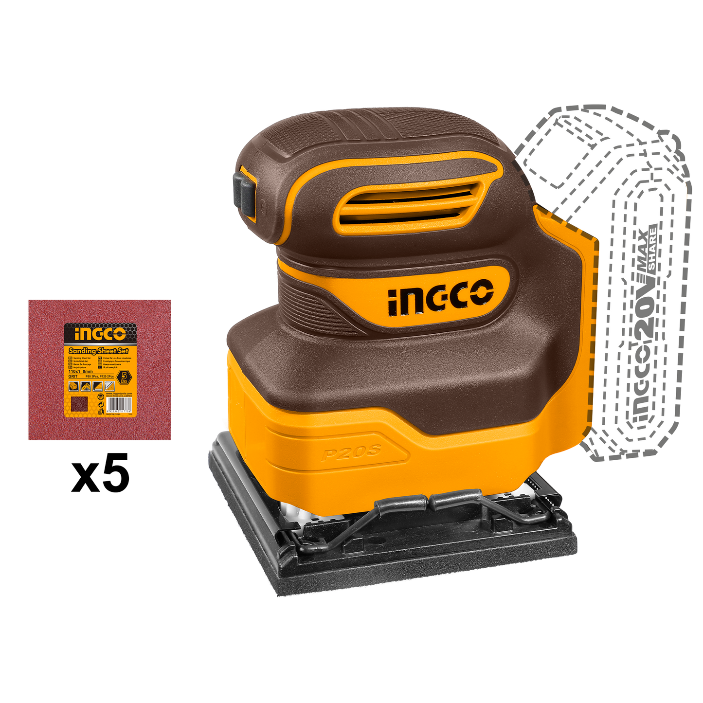 INGCO Sheet Sander 110x100mm - Cordless Battery (Body Only)